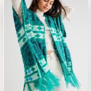 Free People Diamondback Cozy Sweater Kimono Poncho in Emerald Green One Size